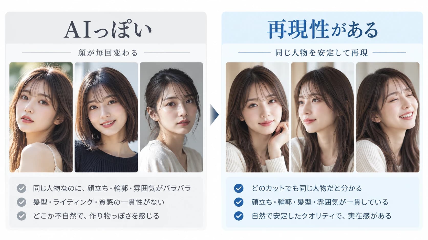 AIっぽい。顔が毎回変わる。同じ人物なのに、顔立ち・輪郭・雰囲気がバラバラ。髪型・ライティング・質感の一貫性がない。どこか不自然で、作り物っぽさを感じる。再現性がある。同じ人物を安定して再現。どのカットでも同じ人物だと分かる。顔立ち・輪郭・髪型・雰囲気が一貫している。自然で安定したクオリティで、実在感がある。