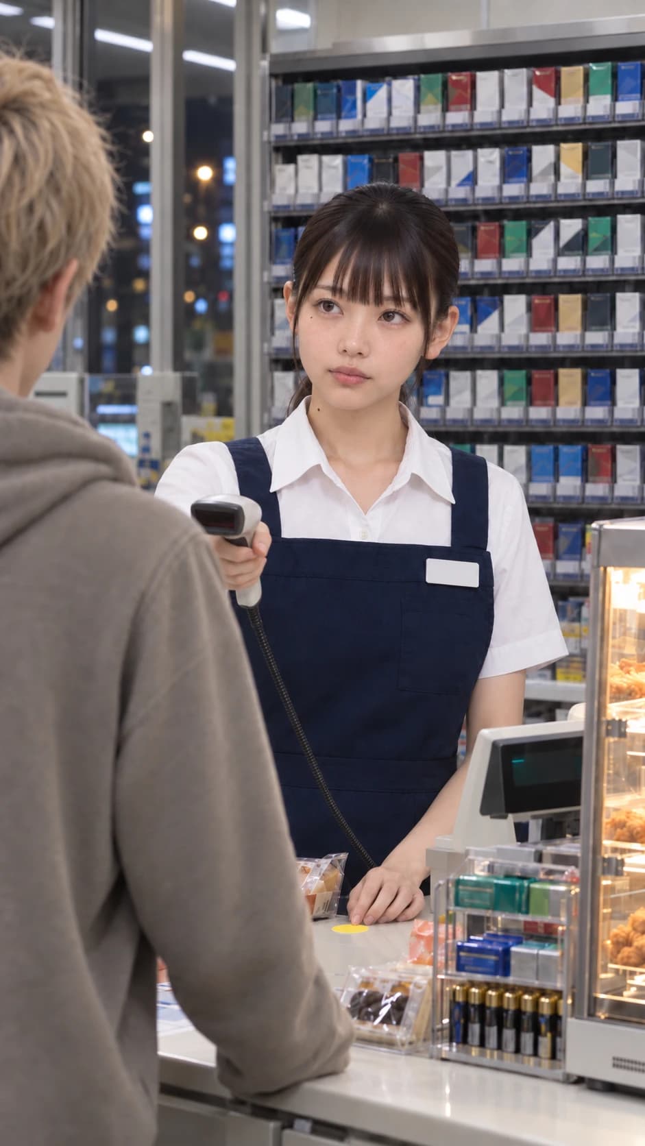 AIショートドラマ「お会計」の1コマ。コンビニのレジでバーコードを読み取る店員